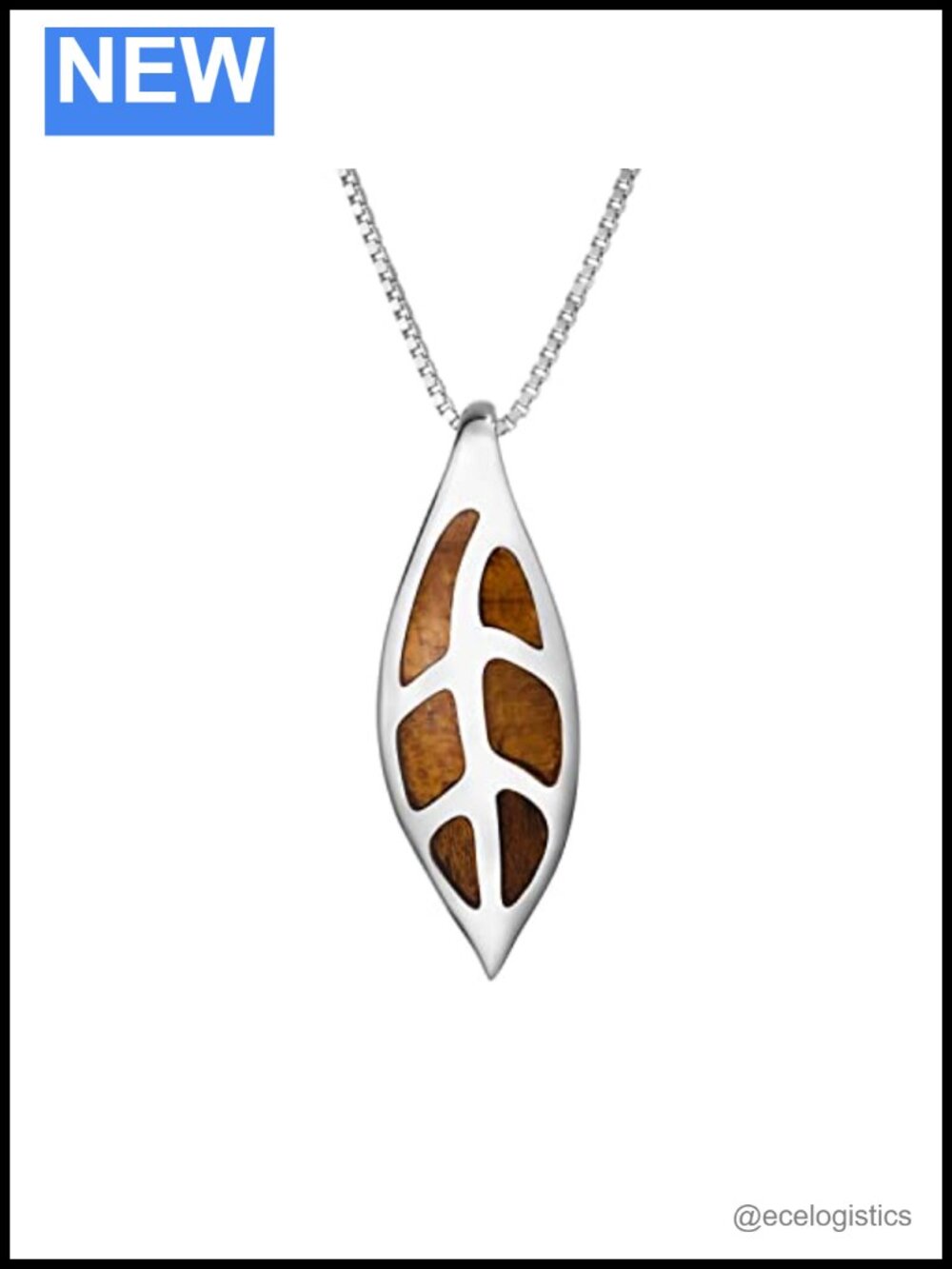 Sterling Silver Koa Wood Maile Leaf Pendant Necklace 18" Box Chain